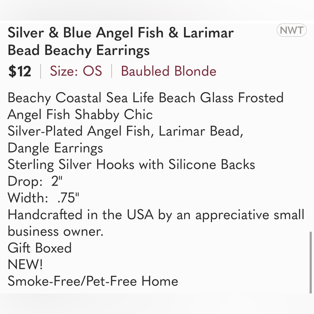 Silver & Blue Angel Fish & Larimar Bead Beachy Earrings - Picture 4 of 4